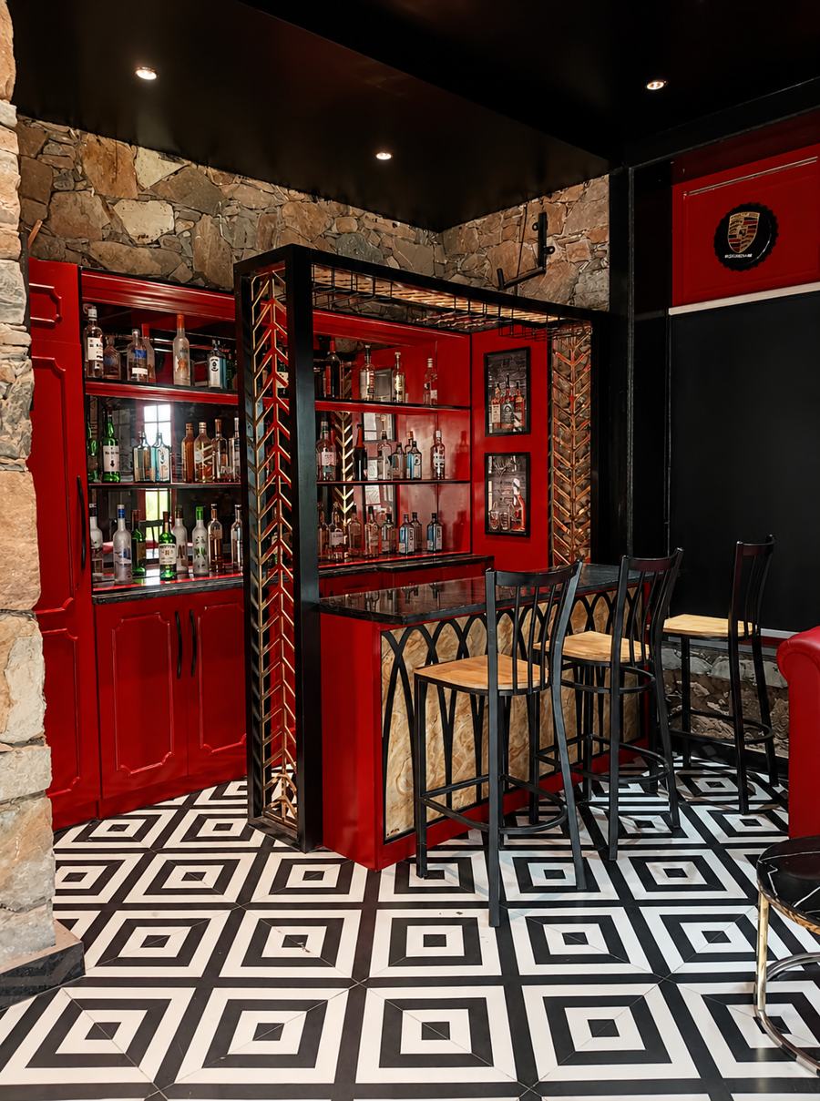 Red lacquer bar with rubble stone walls