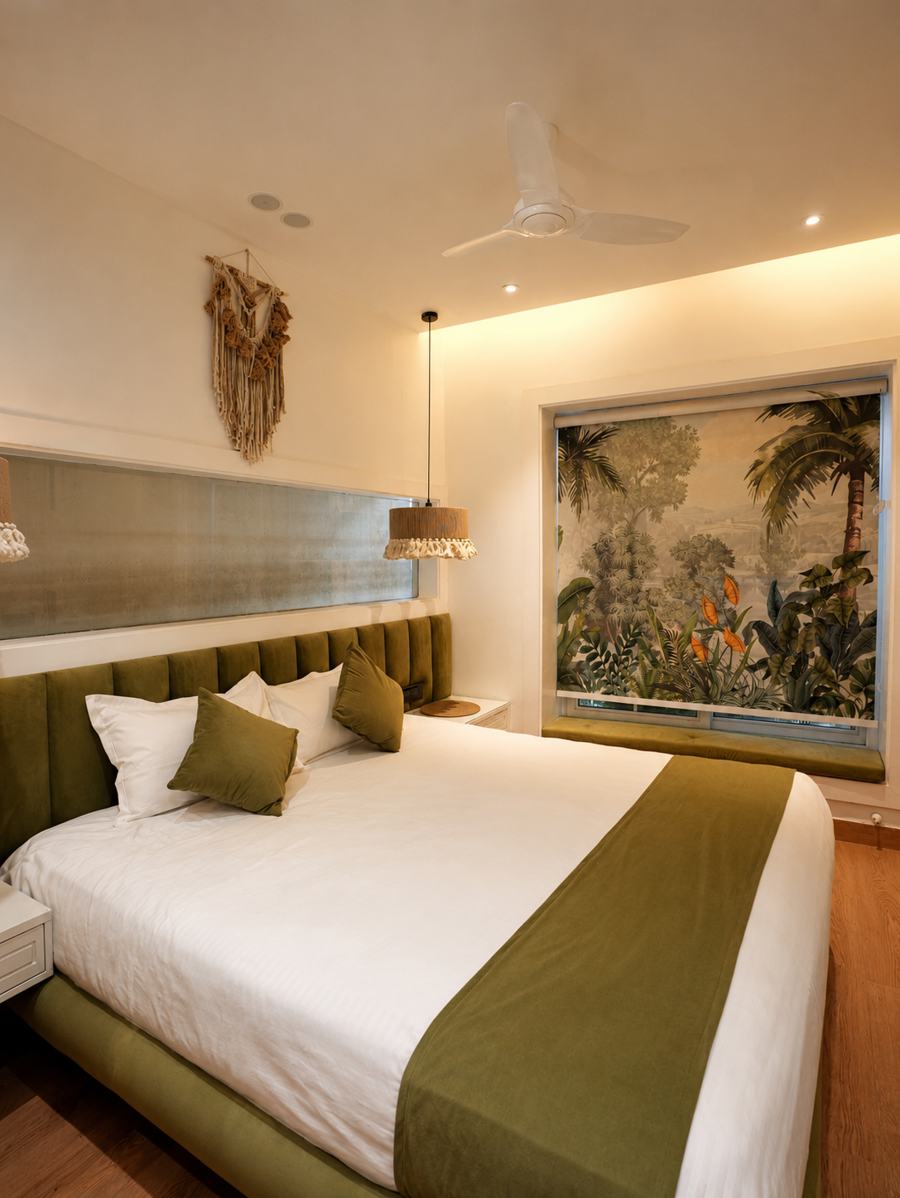 Olive bed with a tropical palm mural
